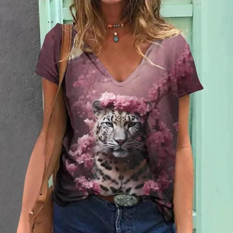 Summer Vintage Animal Tiger T-Shirts 3D Print Women's Casual Short Sleeve V-Neck T Shirt Y2K Tees Harajuku Tops Female Clothing