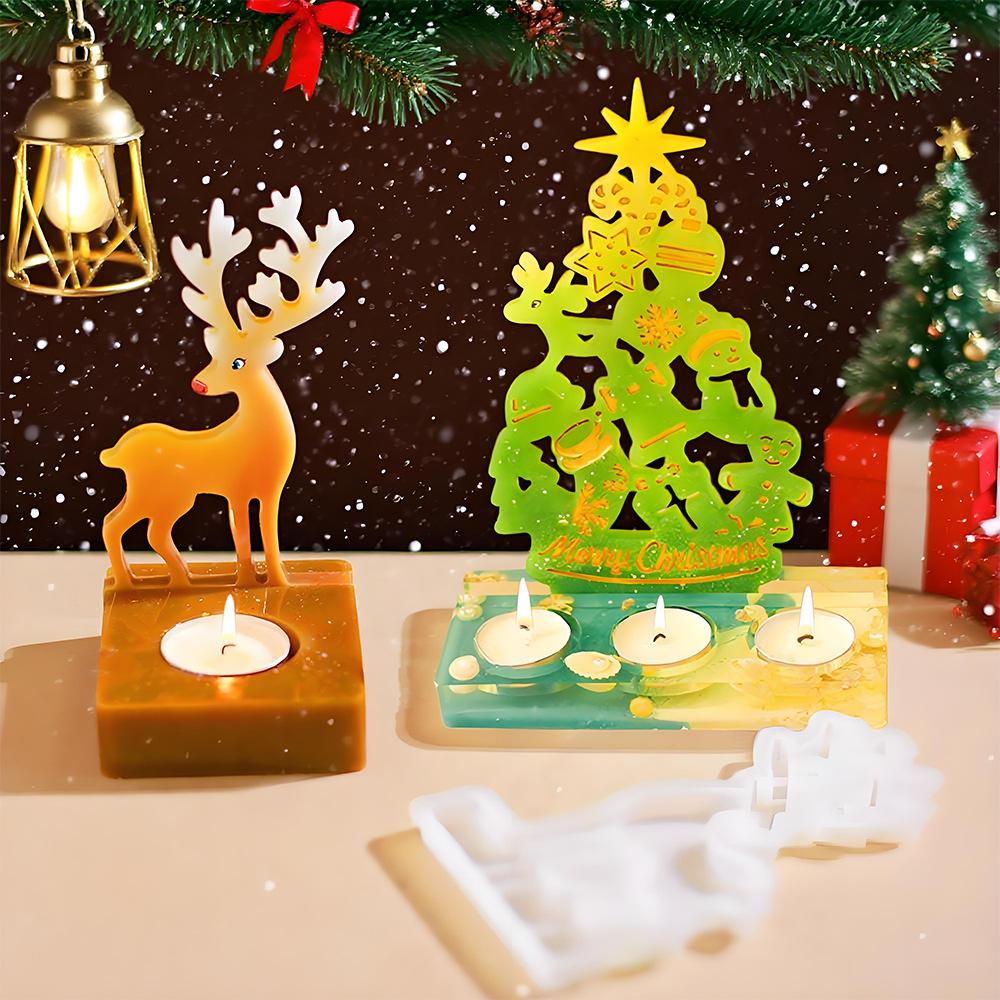 Christmas Series Candle Holder Silicone Mold DIY Snowman Elk House Candlestick Ornament Resin Mould 3D Gypsum Crafts Home Decor