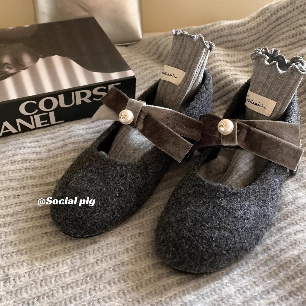 Gray Fluffy Shoes for Women To Wear Outside, New In Autumn, Woolen Inner Height Increase, Flat Bottom Soft Sole To Keep Warm, Mary Jane Single Shoes