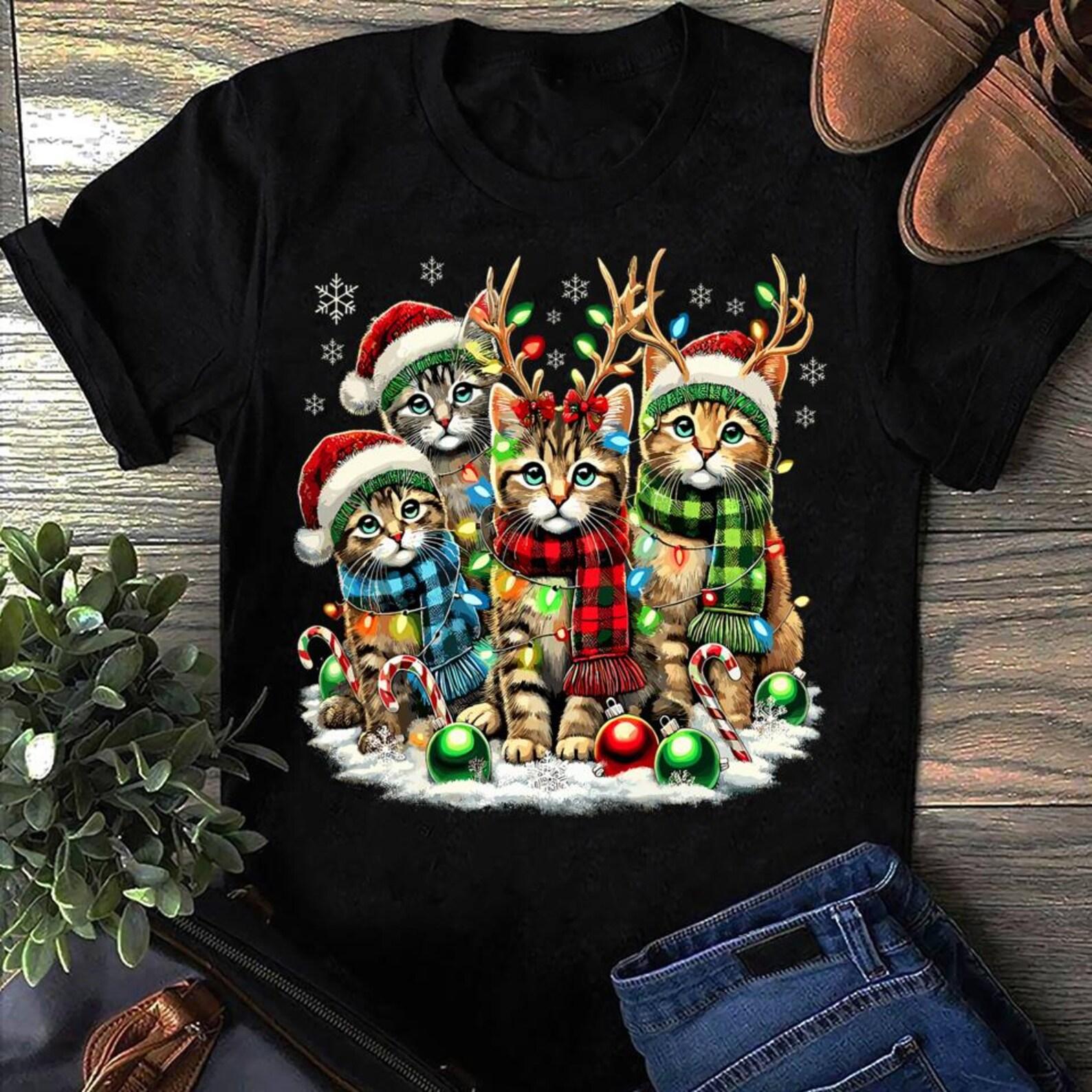Cat Christmas Light Reindeer Santa Christmas Cats For Men Women Cat T-Shirt S