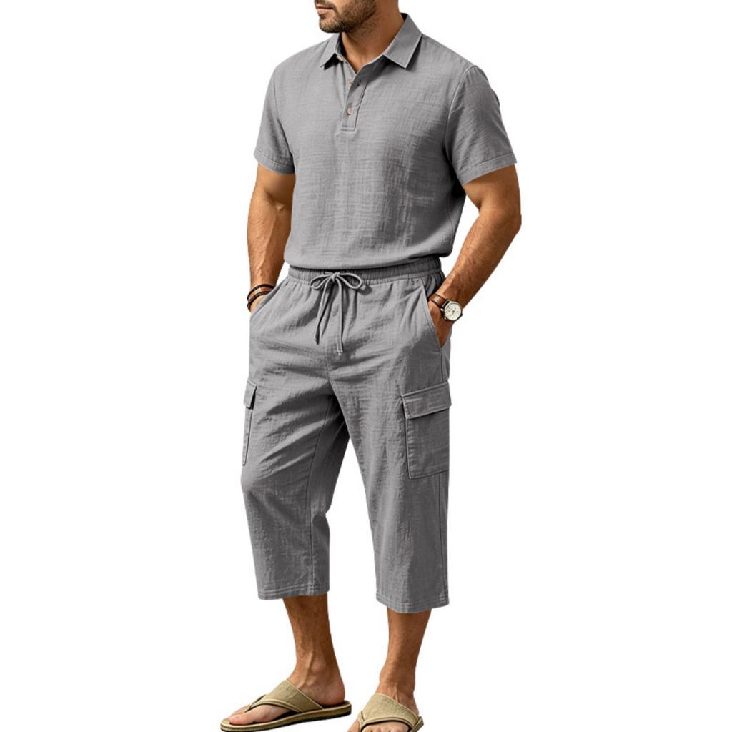 Men's Linen Short Sleeve and Cargo Shorts Set, Relaxed Fit Summer Vacation Outfit for Beach and Daily Wear