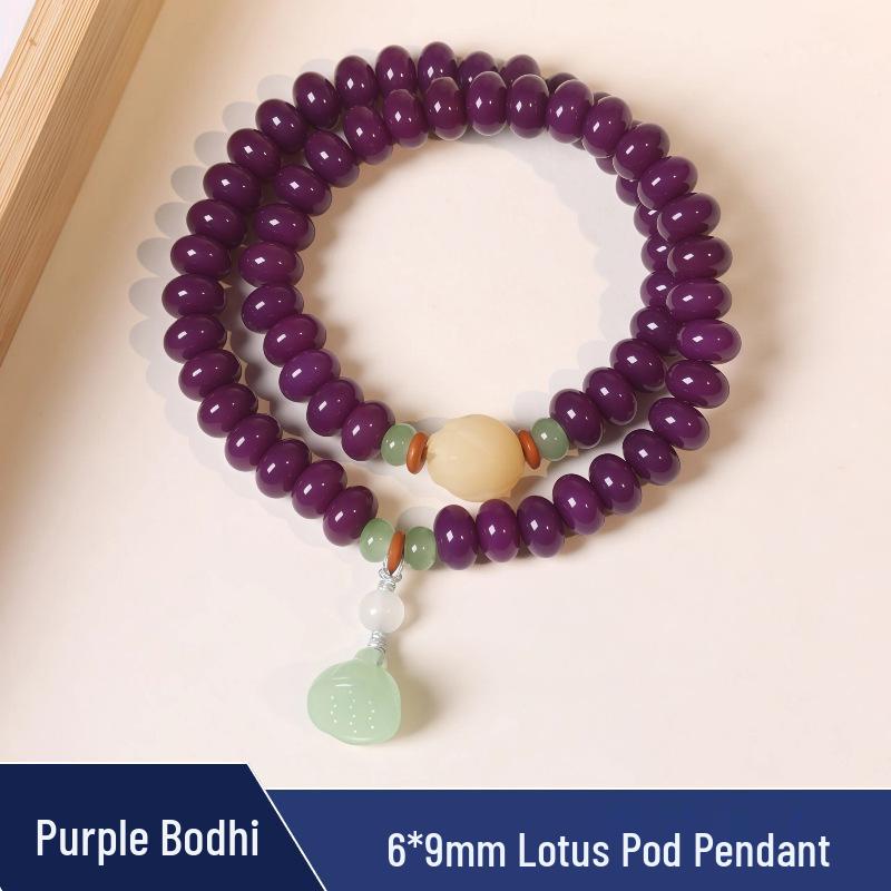 Zen Style Bodhi Root Bracelet with Lotus Pendant for Women, 108 Pink Beads