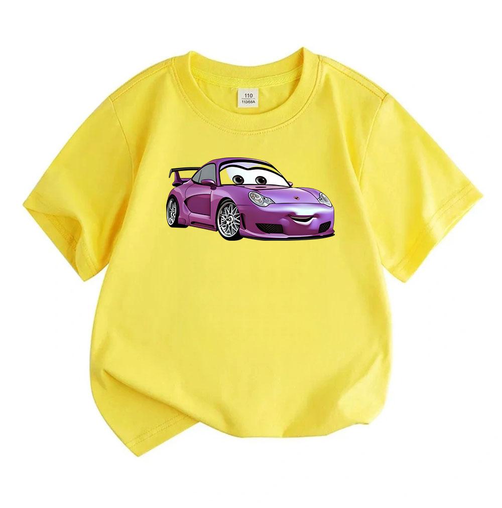 Cute Purple Cartoon Racing Car Print Kids T Shirt 100% Cotton Crew Neck Short Sleeve Tops for Boys Girls Casual Soft Breathable Summer Comfortable Dai