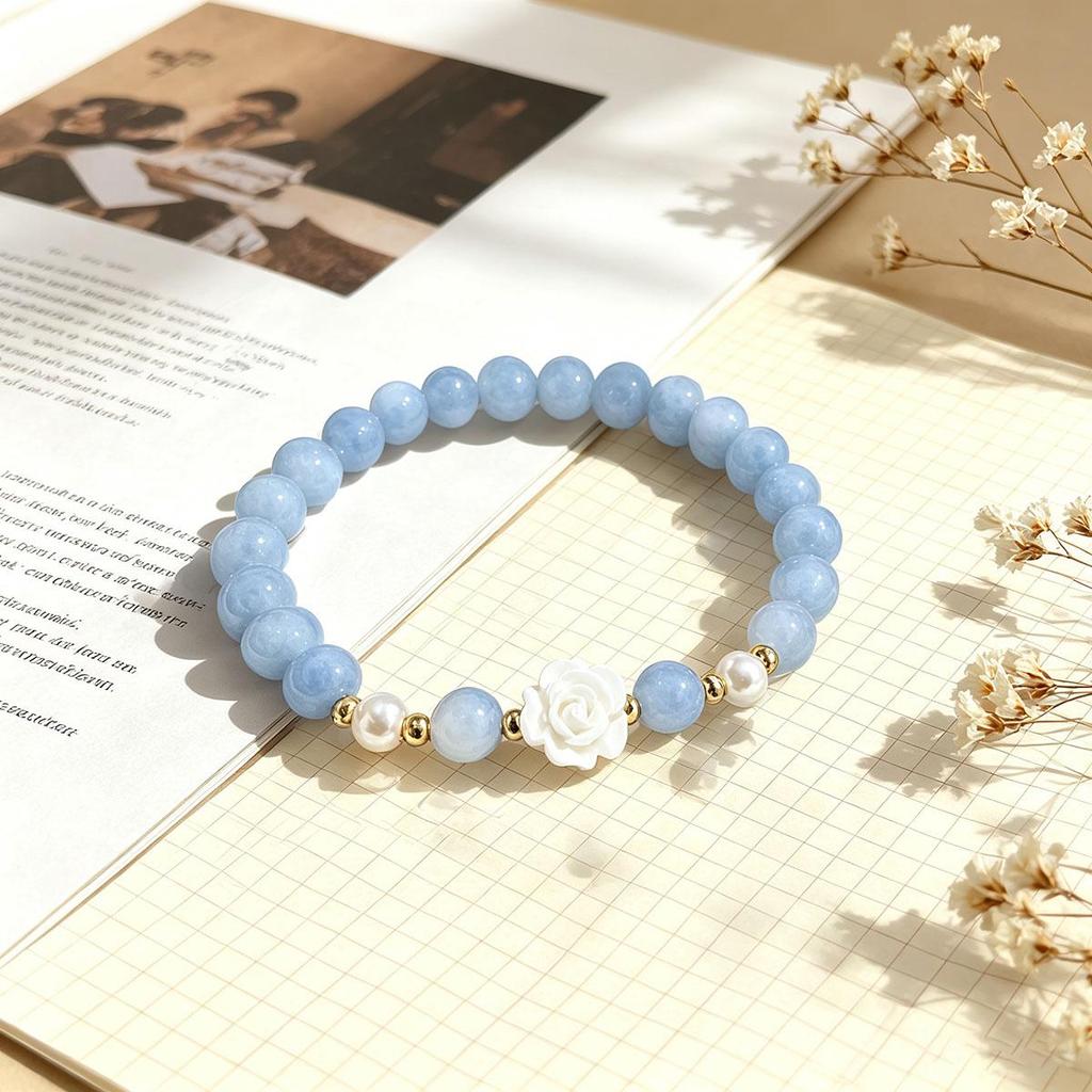 Ocean Blue Bracelet Women Korean Simple Small Design Daily Exquisite Beaded Camellia Jewelry Gentle Wear Style