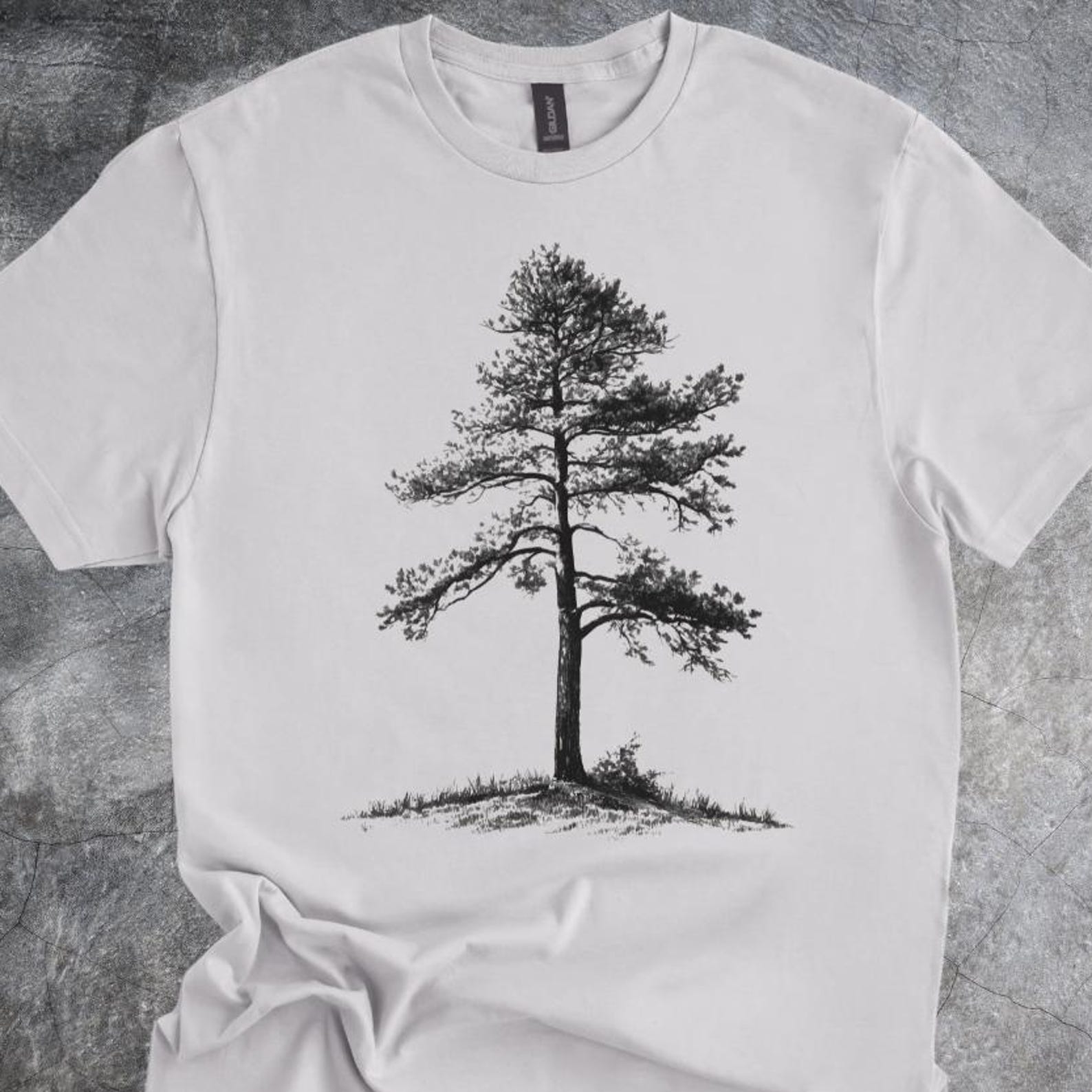 Lone Pine Tree Illustration Shirt Tshirt Featuring Detailed Nature Drawing Landscape Artwork gray 130