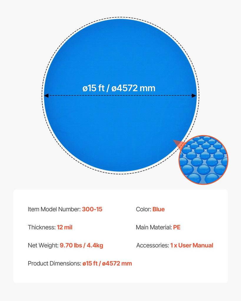 Solar Pool Cover, 4.57 m Round Pool Bubble Cover, 12 Mil Pools Solar Blanket with Bubble & PE Material, Daytime Heat Absorption, Nighttime Heat