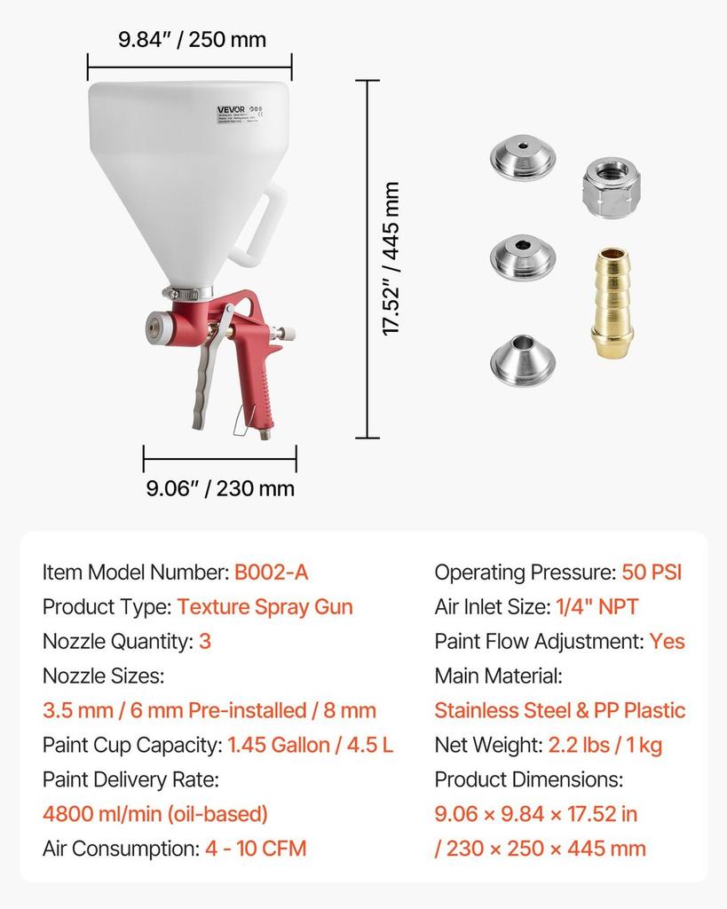 Air Texture Spray Gun, 4.5L Air Hopper Spray Gun, Professional Drywall Texture Painting Sprayer with 3 Nozzles (3.5mm, 6mm, 8mm) for Popcorn,