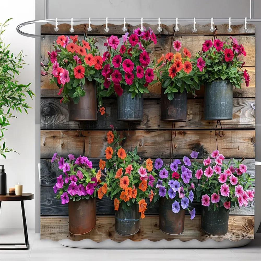 Rustic Rustic Wooden Panel Garden Wall Shower Curtain Green Plant Leaf Enclosure Fence Polyester Shower Curtains Bathroom Decor