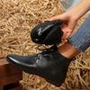 Retro pointed short boots women's autumn and winter new flat boots front lace-up short leather boots large size