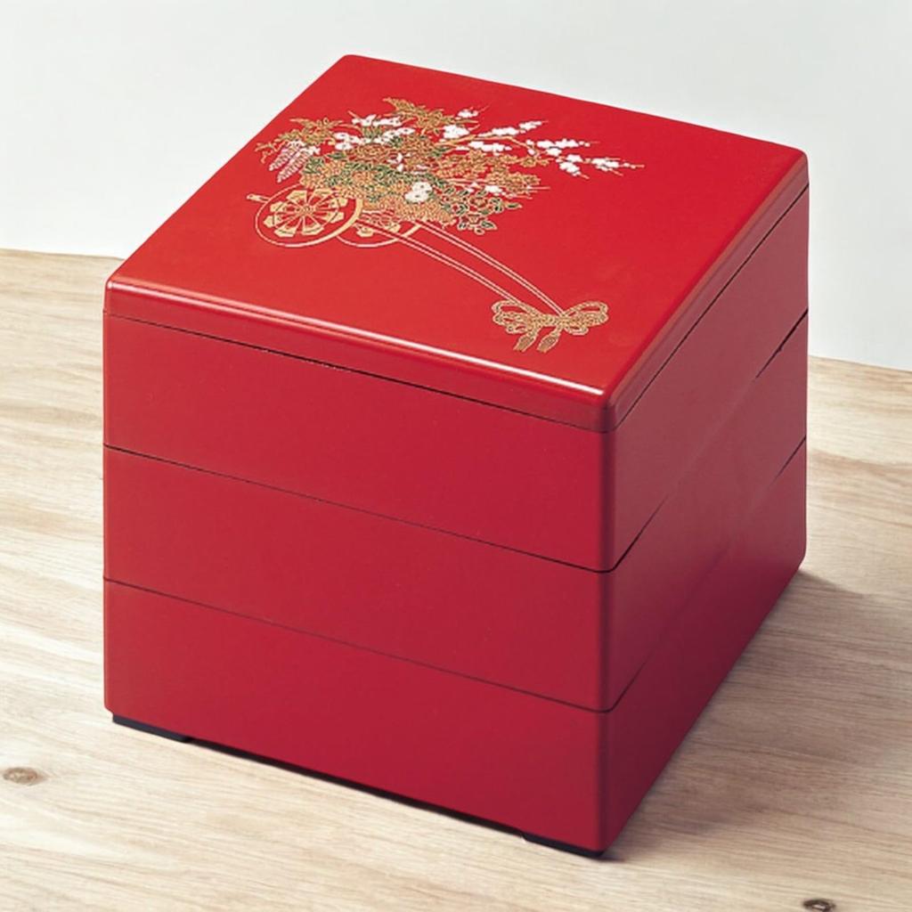 Lacquerware Jubako Irodori Flower Made in Japan J-kitchens 3-Tiered Box, 6.5 inches, (Red Cart), 19cm, Resin,