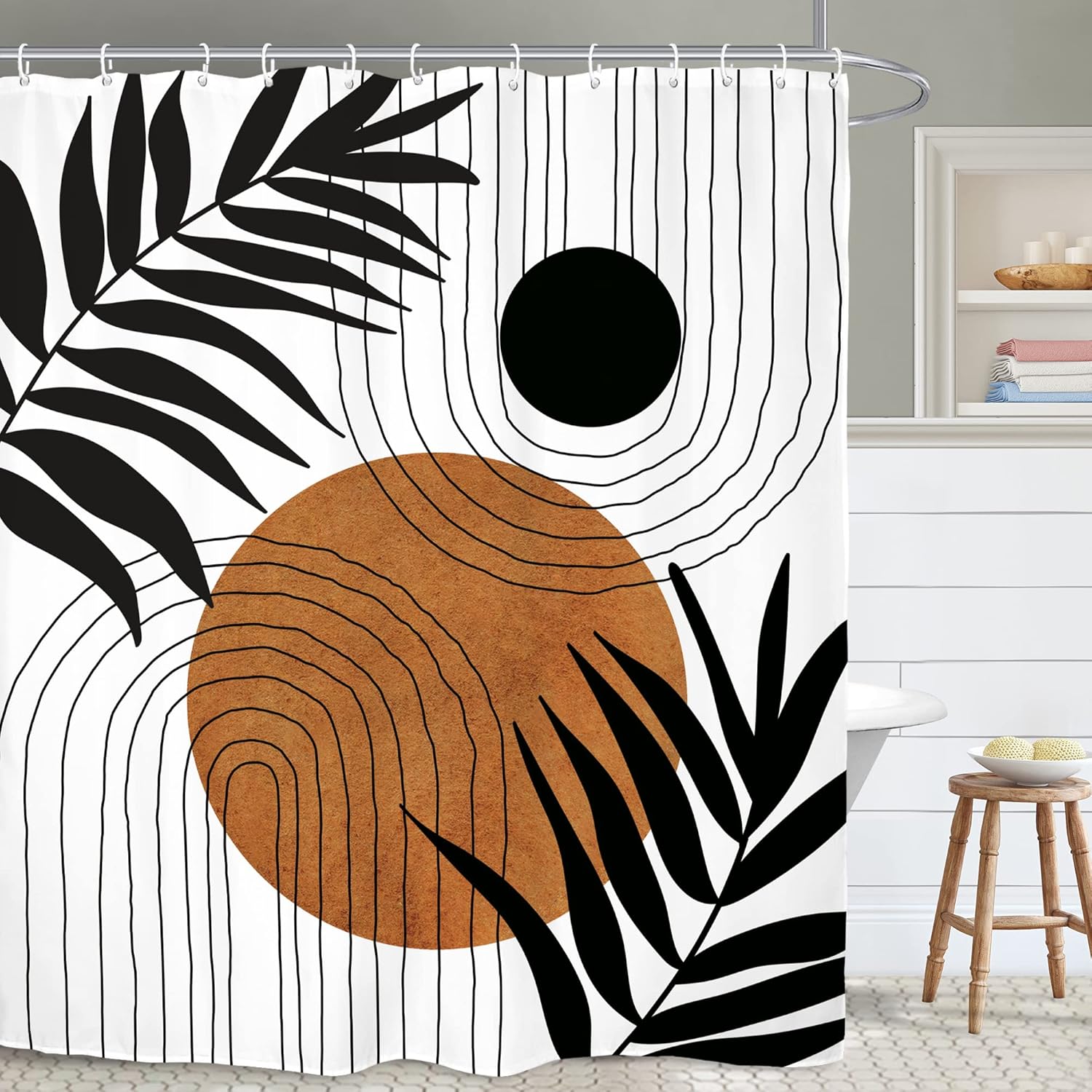 

Dark Abstract Mid Century Bathroom Shower Curtain Minimalist Modern Aesthetic Geometric Leaves Rust Botanical Plant Polyester W60H190(CM)-1 Pcs