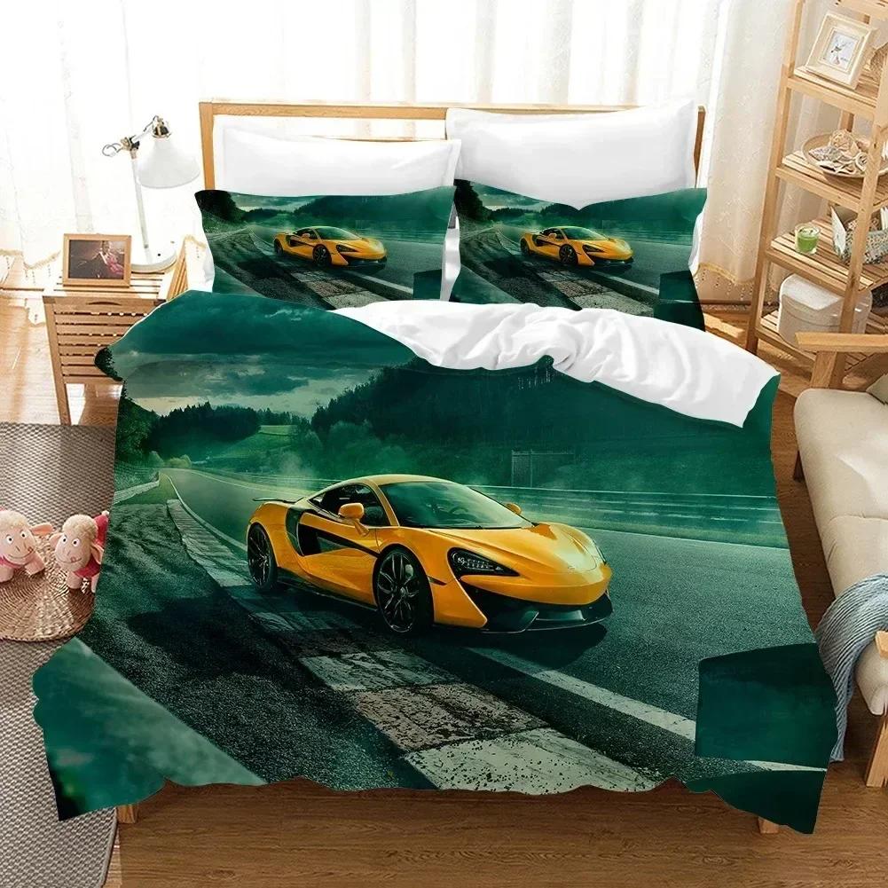 Sportwagen Bettbezug 3D Rennwagen Bedrucktes Bettwäscheset Queen King Size mit Zwei Kissenbezügen Herren Cool Polyester Für Bettdeckenbezug
