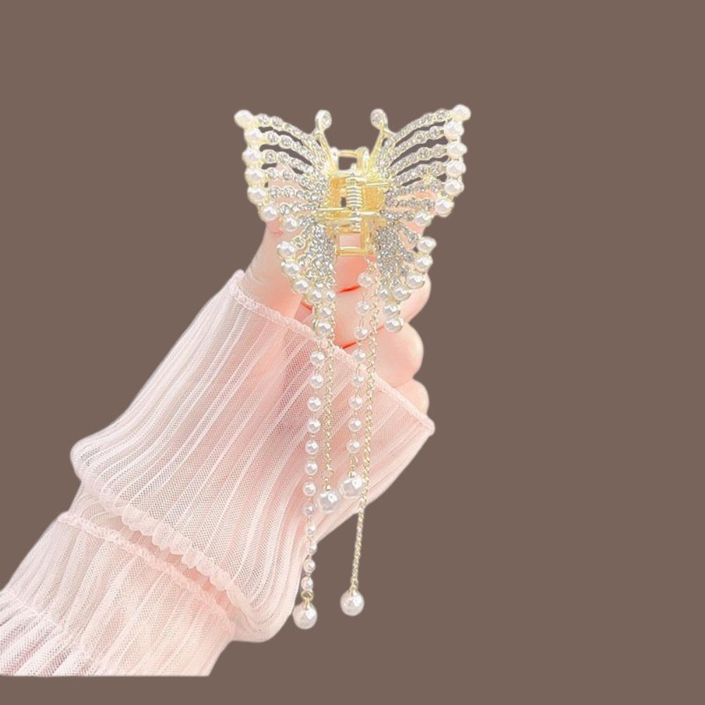 Butterfly Pearl Tassel Hair Claw Metal Ponytail Crab Clip New Shark Clips  Women