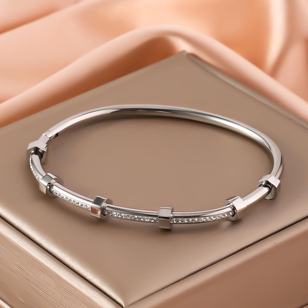 Trendy Round Cubic Zirconia Bangles For Women Men Gold Color copper Color Stainless Steel Crystal Bangle Party Zircon