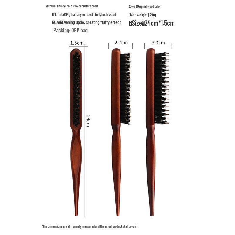 Pig Bristle Fluffy Three-Row Comb: Curly Hair Styling Comb with Pointed Tail for Volume