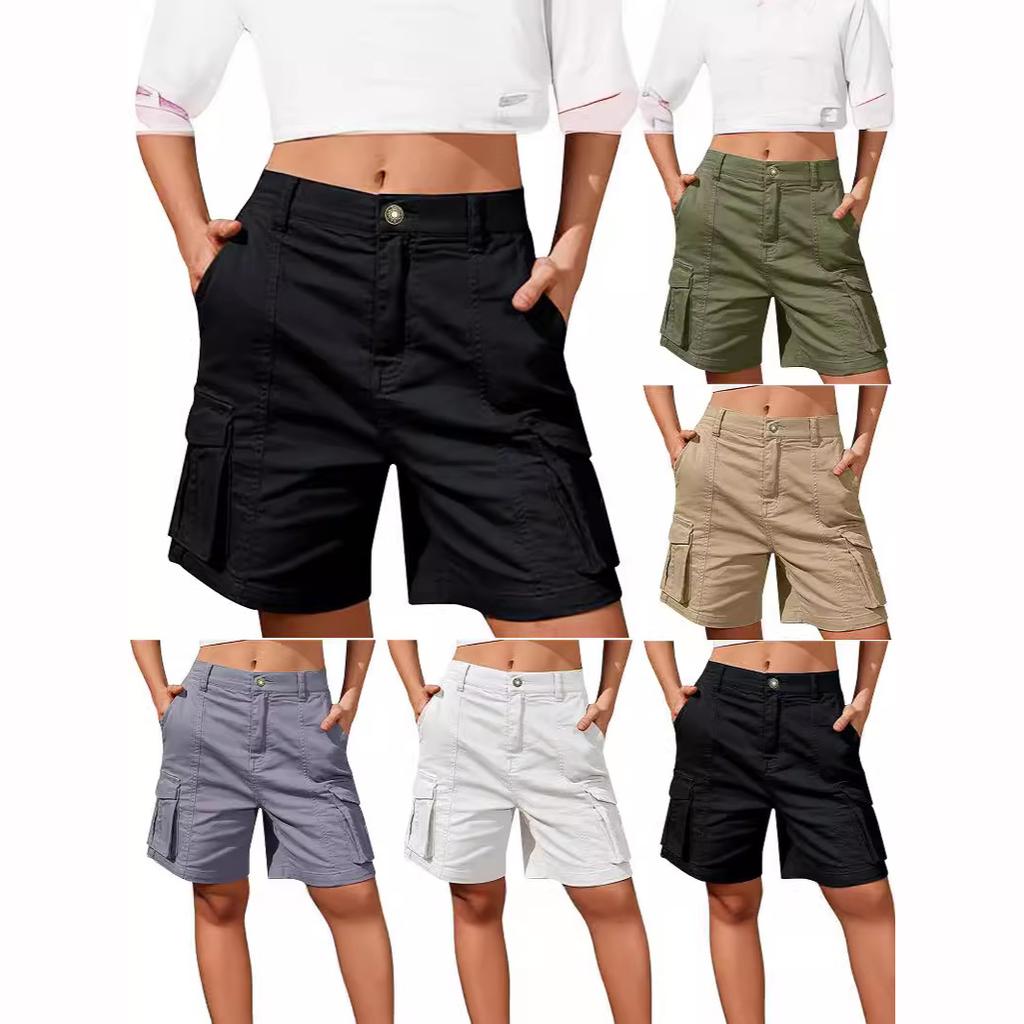 Women Cargo Shorts Knee Length Elastic Waist Long Shorts Pants Summer Casual Streetwear