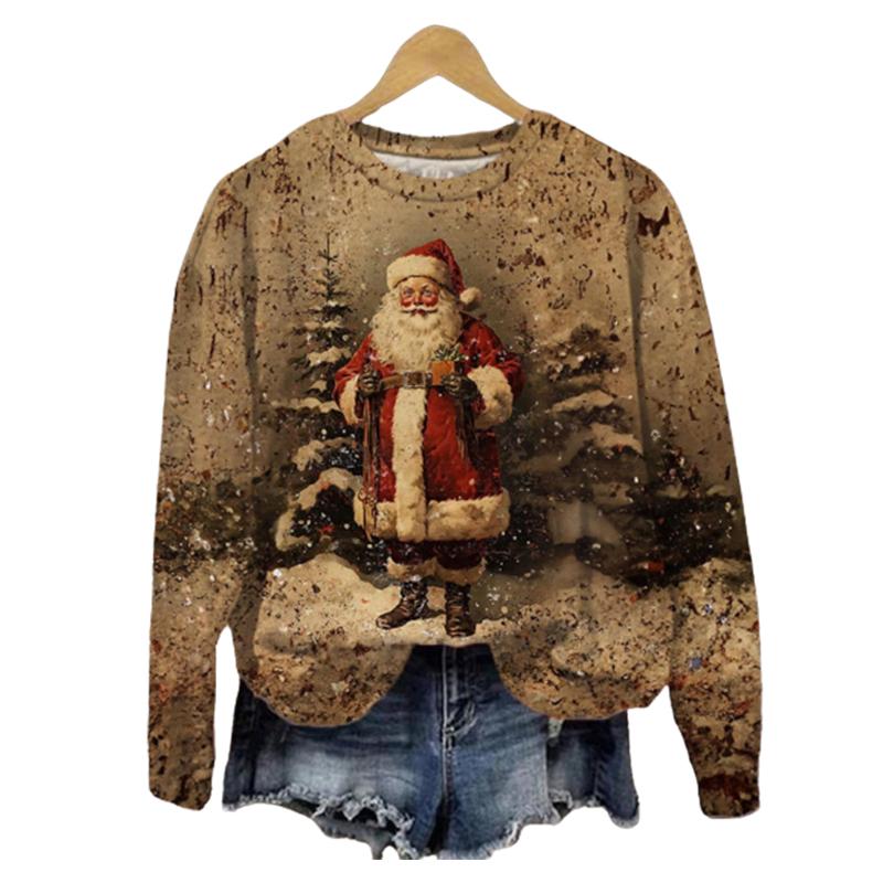 

Топы для женщин с 3D высоким принтом Санта-Клауса, футболка с круглым вырезом и длинными рукавами, осенний повседневный женский топ с длинными рукавами на Рождество