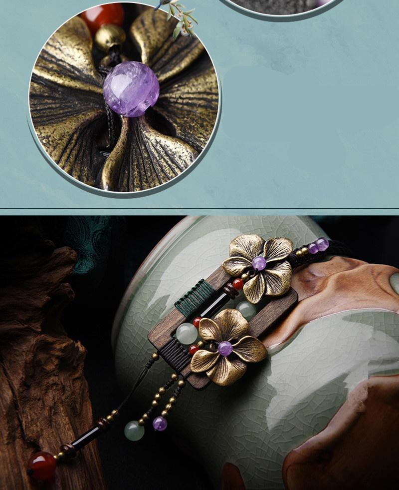 Bronze Flower Long Necklace Square Wood Vintage Necklace Aventurine Crystal Ethnic Handmade Sweater