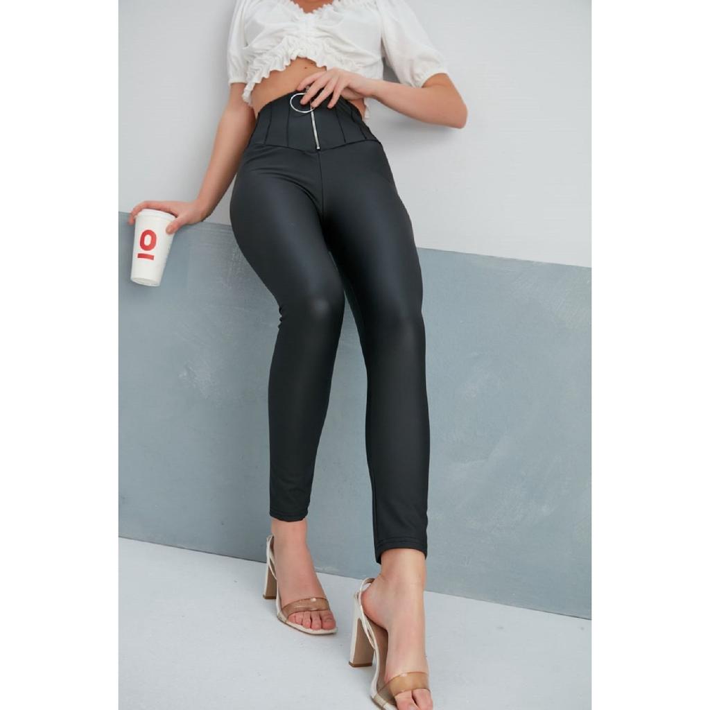 Women's Corset Zipper Detailed Black Matte Leather Leggings With Thermal Lycra Inside High Waist