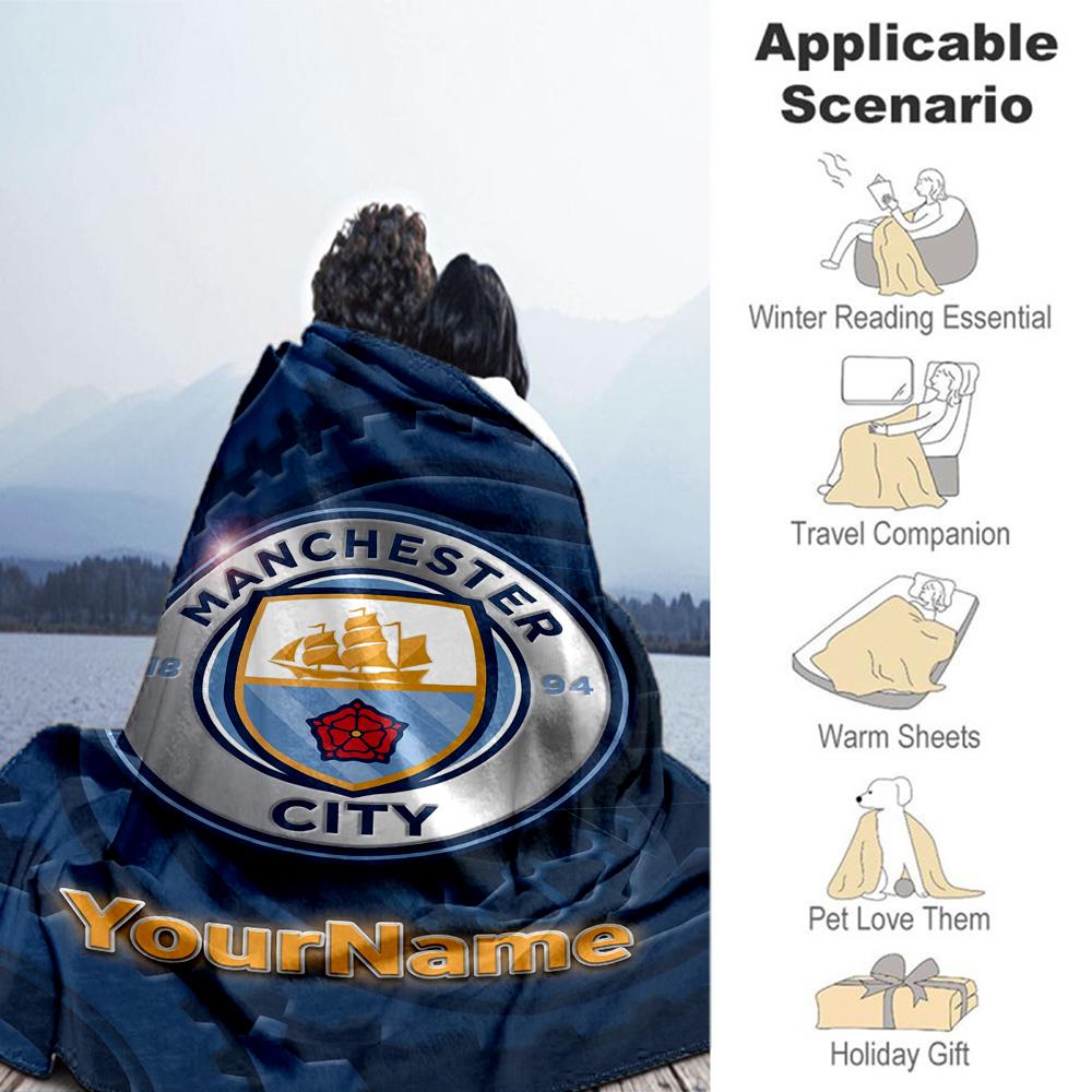 Manchester City Customize Text Blanket Gift Personalized Blanket Soft Warm Cozy Great for Living Room Couch Nap Bedding Ideal for All Seasons