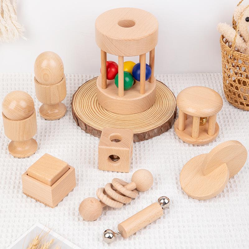 Edukacyjna Drewniana Piłka Chwytakowa i Grzechotka Ręczna dla Niemowląt w Wieku 1-3 Lat