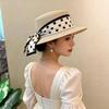 Elegant Lady Cowboy Straw Hat with Polka Dot Ribbon and Wide Brim for Women