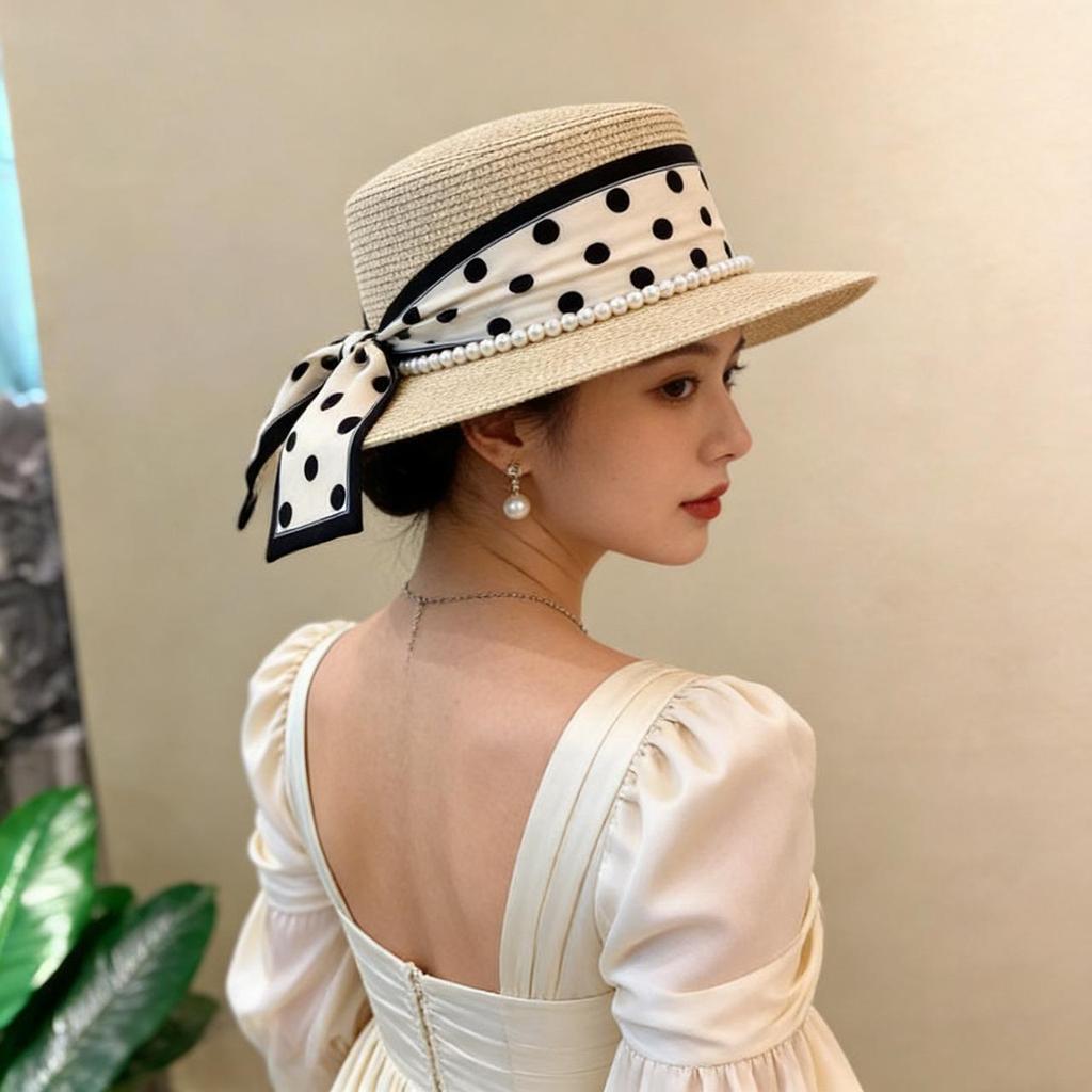 Elegant Lady Cowboy Straw Hat with Polka Dot Ribbon and Wide Brim for Women