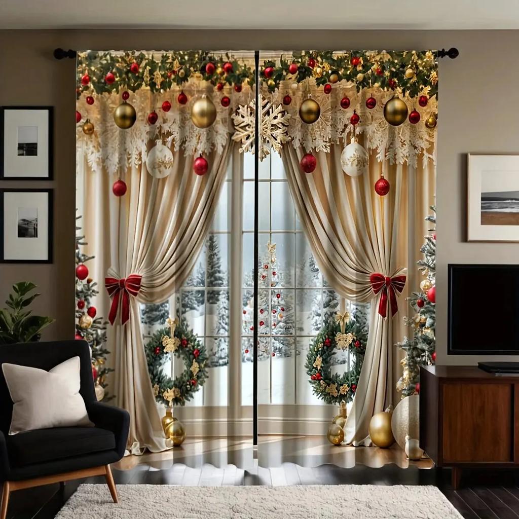 2 Pieces of Classic Twill Weave Christmas Decoration Printed Curtains   Bedroom and Living Room   Home Decoration   Room Decoration