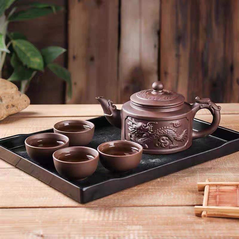 5 ks Kung Fu čajová souprava 360ml Oboustranná konvička na čaj Kirin z fialové hlíny a 4 šálky [1 konvička + 4 šálky] filtr Louhování pu erh Zisha konvička