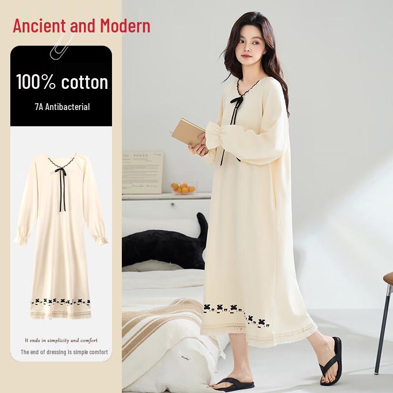 GUJIN Women s Pure Cotton Long Sleeve Nightgown XL (for 120-140 jin)