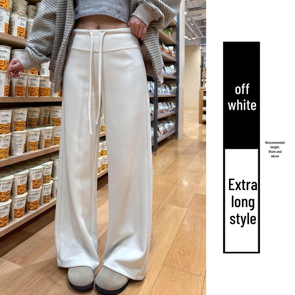 Women's Off-White Fleece-Lined Wide-Leg Pants, Autumn/Winter, Relaxed Fit, Casual, Good Drape, Straight Leg, Glutinous Rice Air Pants
