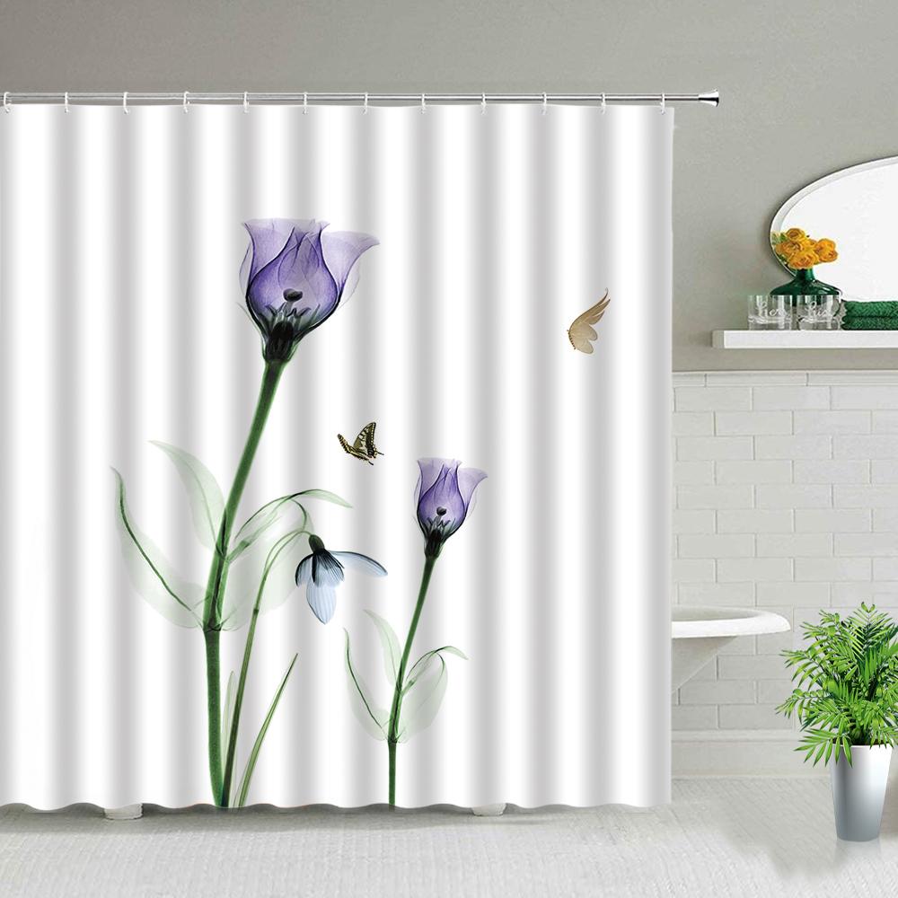 Tulip Flower Shower Curtain Farm Truck Sunflower Plant Butterfly Scenery Print Bathroom Decor Screen Bath Curtain With Hooks