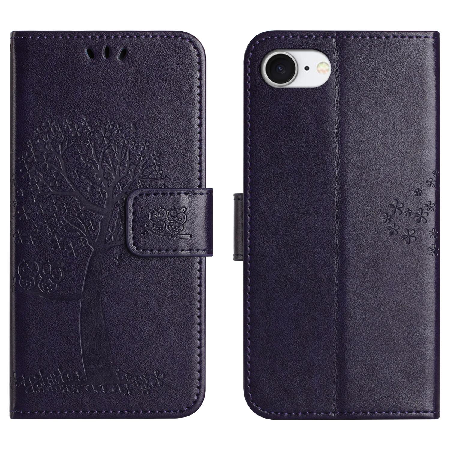 

Чехол для iPhone 16e из ПУ кожи с тиснением совы и дерева, чехол-кошелек для телефона Dark Purple