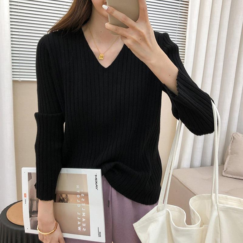 Autumn/Winter Knitwear Sweaters Women’s V-neck Pit Strip Pullover Long Sleeves Bottom Top Casual Knitted Sweater