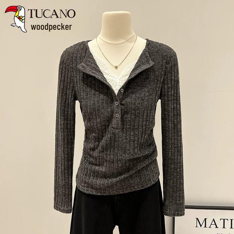 Woodpecker Women's Lace Faux Two-Piece Long Sleeve Knit Top