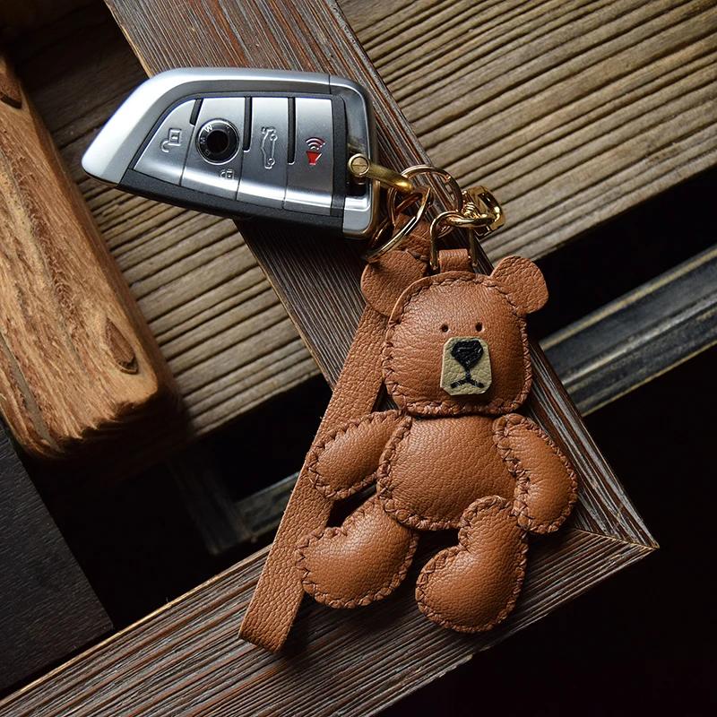 Original Design Teddy Puppet Bear Leather Keychain Car Key Bag Pendant Bag Charm Handmade Custom Gift Female