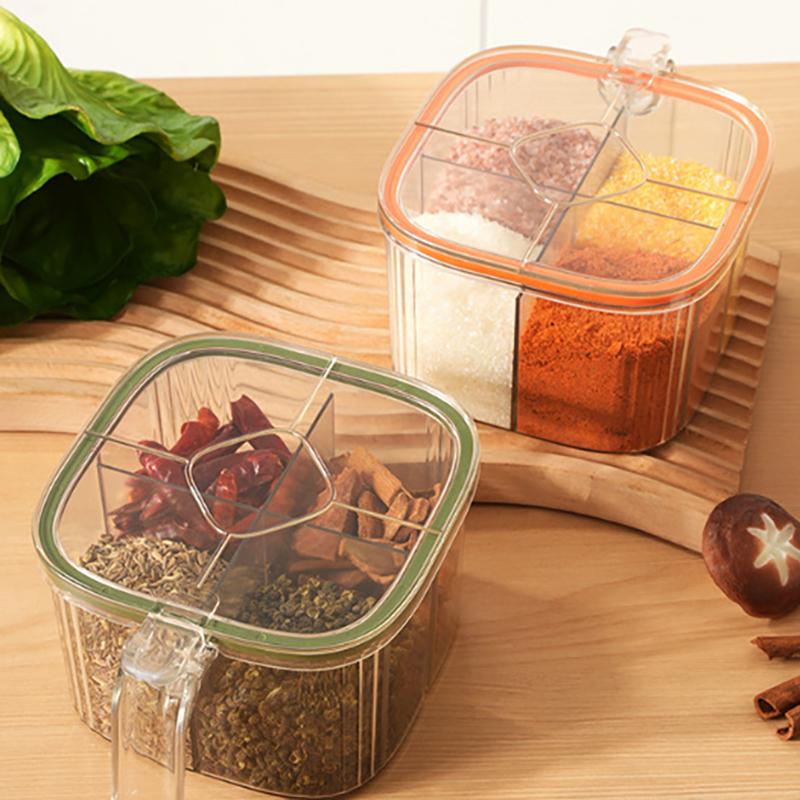 Multi-Grid Salt Seasoning Box With Spoons And Sealed Lid Transparent Spice Jar Chili Powder Sugar Bowl Moisture-Proof Container