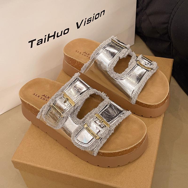 

Шлепанцы на толстой подошве, увеличивающие рост, женские, новые летние, уличные сандалии, ретро пляжные сандалии 40 серебряный