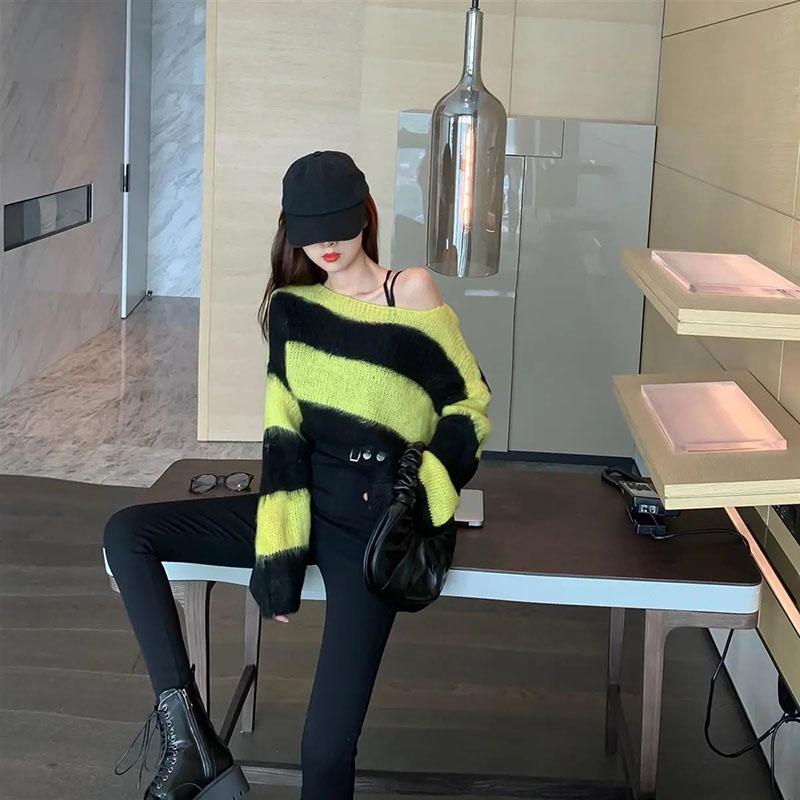 Pullover Off Shoulder Striped Sweater Mode Lockerer und fauler Strickpullover Mantel Damen Langarmshirt Herbst