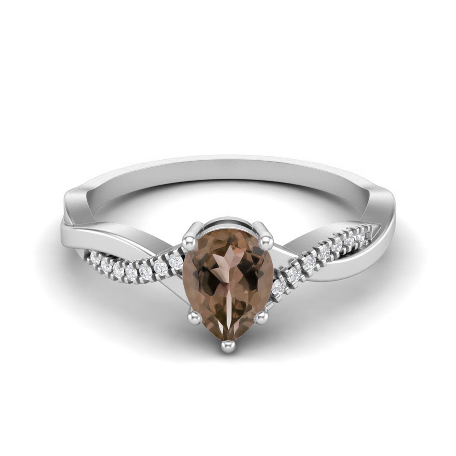 7X5MM Pear Smoky Quartz 925 Sterling Silver Solitaire Split Shank Women Anniversary Ring 5