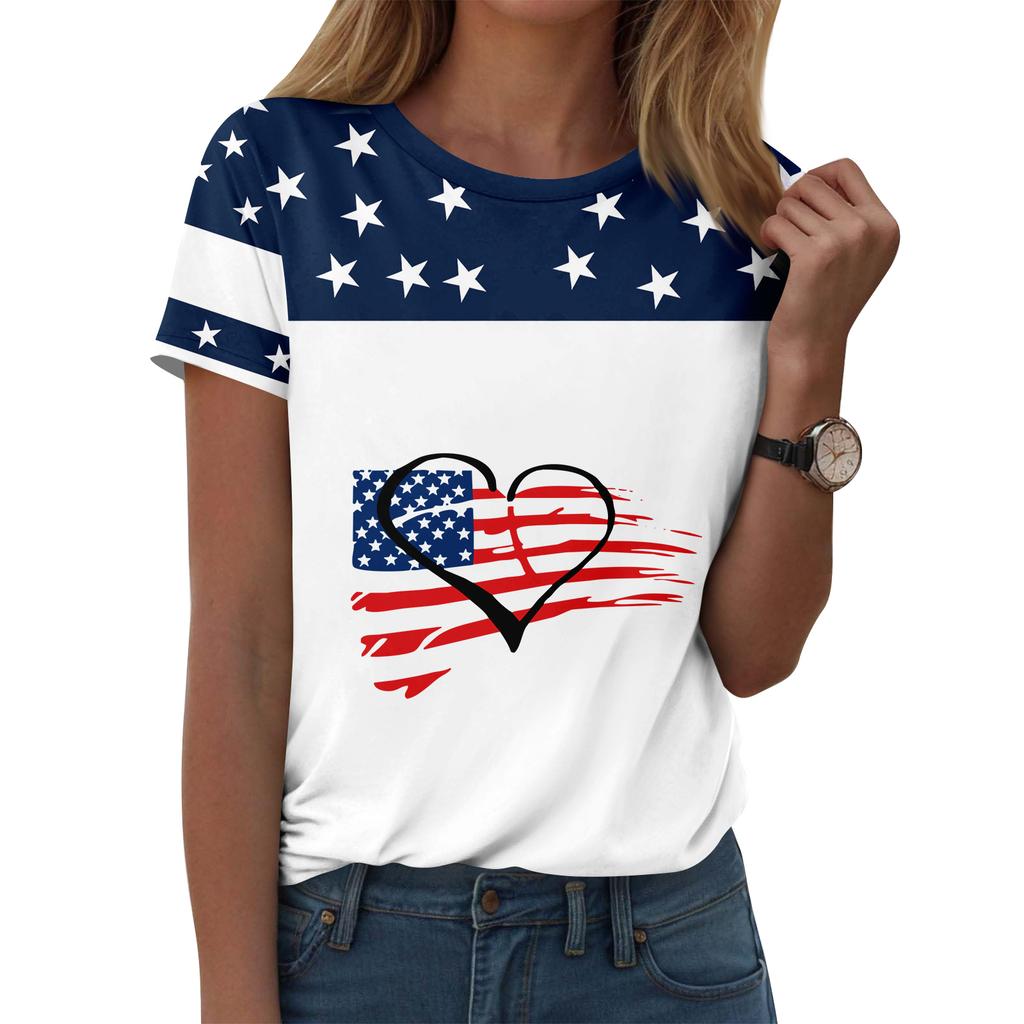 Camiseta feminina casual estampada gola redonda pulôver manga curta top