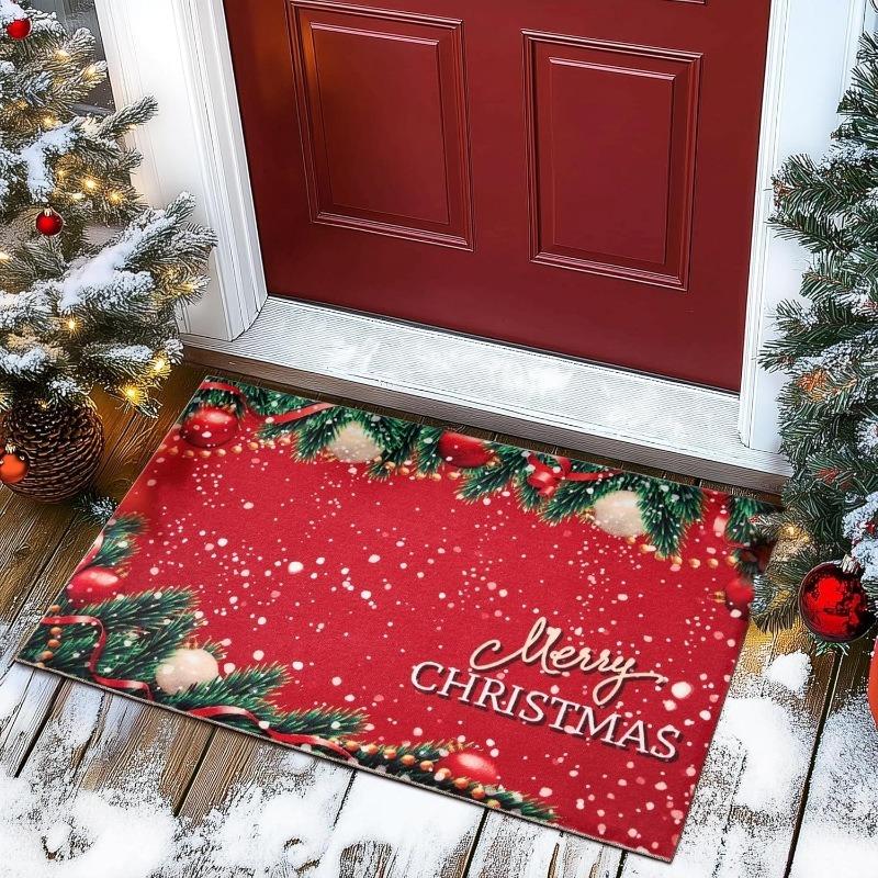 Christmas Themed Door Mat With Festive Patterns Like Candies Christmas Trees Balls Bells Non Slip Welcome Entrance Rug