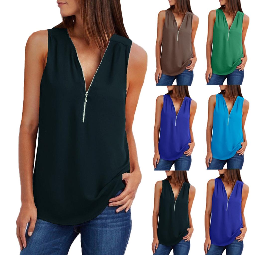 Women‘s Zipper V-Neck Sleeveless Casual Solid Tops Blouse Loose Vest T-Shirts