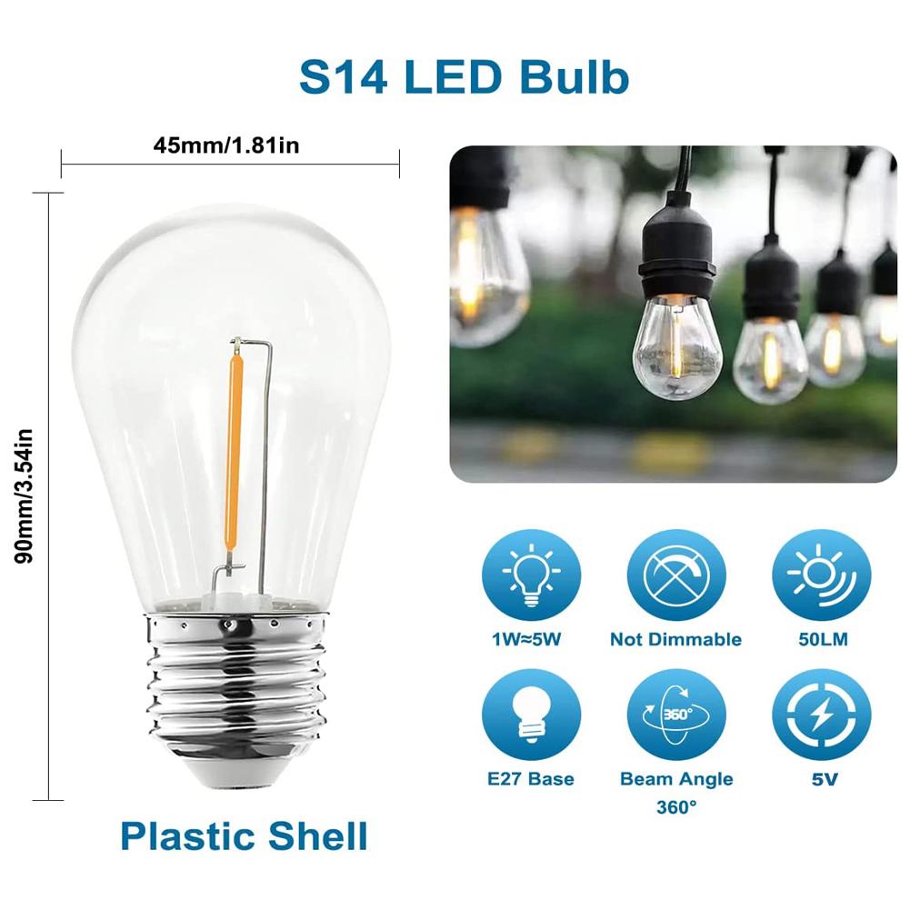 Pacote com 10 Lâmpadas LED Filamento S14 para Luzes de Fio E26 E27 1W 2W Branco Quente Cobertura de PC 5V 24V 220V Decoração Externa