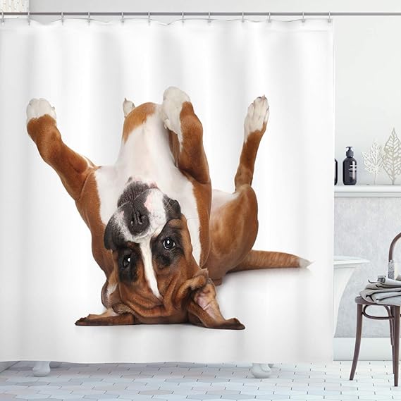 

Playful Boxer Dog Shower Curtain - Cute Puppy Relaxing On Back, Padded Paws, Fabric Bathroom Decor