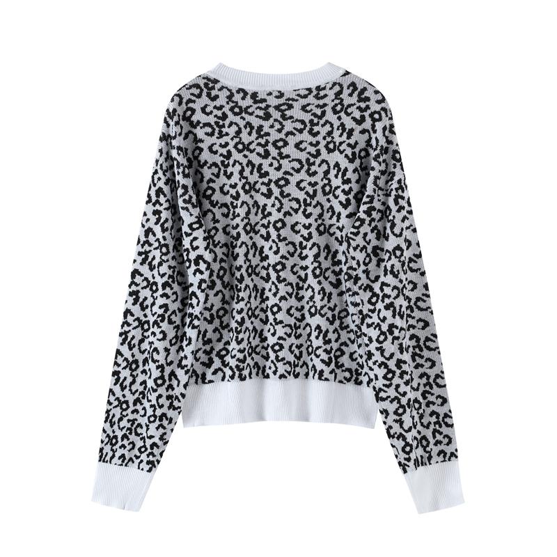 Pull à col rond pour femme Court Imprimé léopard Tricoté Haut à la mode et décontracté Pull Jumper Chemise de fond Automne et Hiver