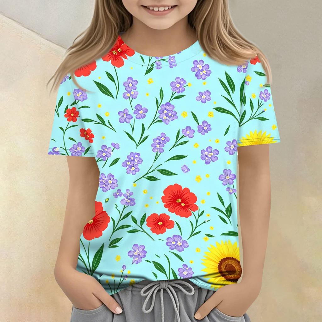 Kinder Blumenprint Rundhals Kurzarm Lässiges Lockeres T-Shirt Oberteil Geeignet für Tägliches Tragen und Outdoor-Aktivitäten