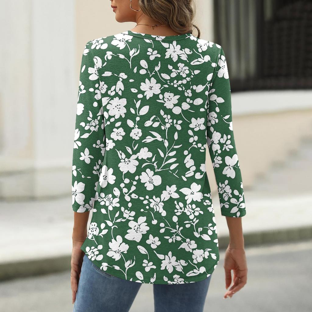 Women's T Shirt Tee Print Button 3/4 Sleeve Daily Weekend Fashion Basic V Neck Regular Top