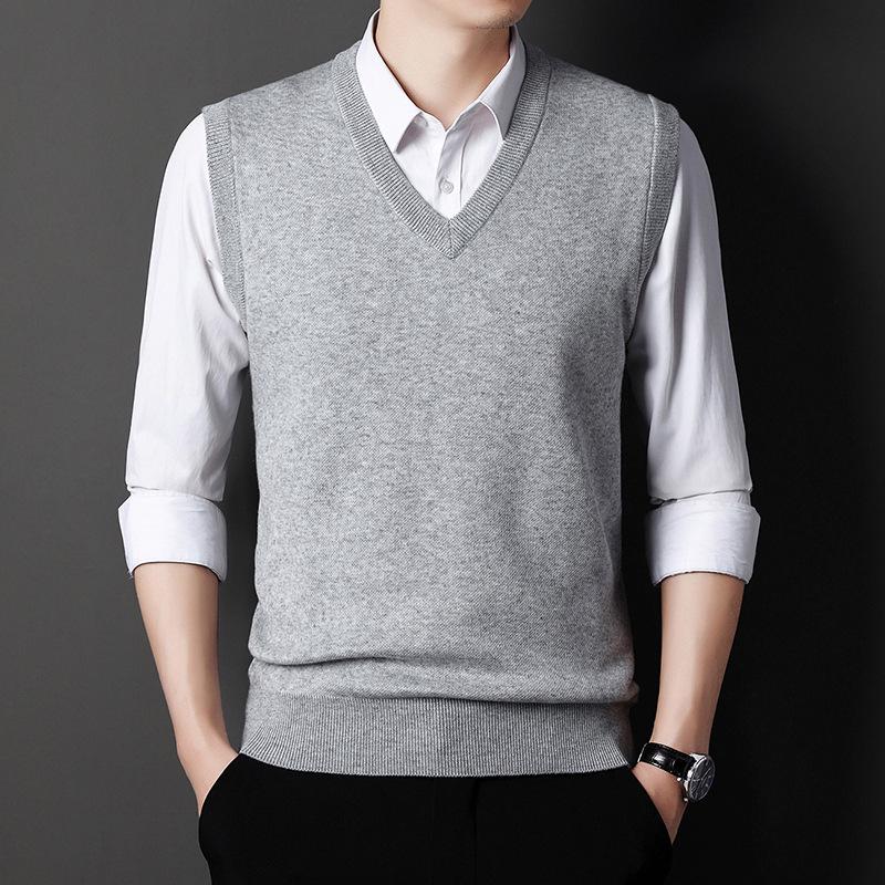 Men's V-Neck Knitted Vest: Thick Sleeveless Sweater for Autumn/Winter - Solid Color, Middle-Aged Business Style