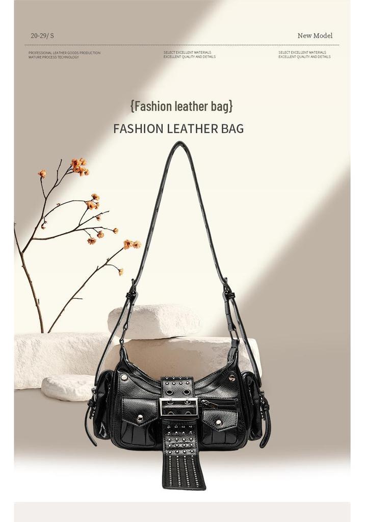 Niche Distressed Leather Single-Shoulder Bag with Personalized Rivets, Workwear Style Underarm Crossbody Bag